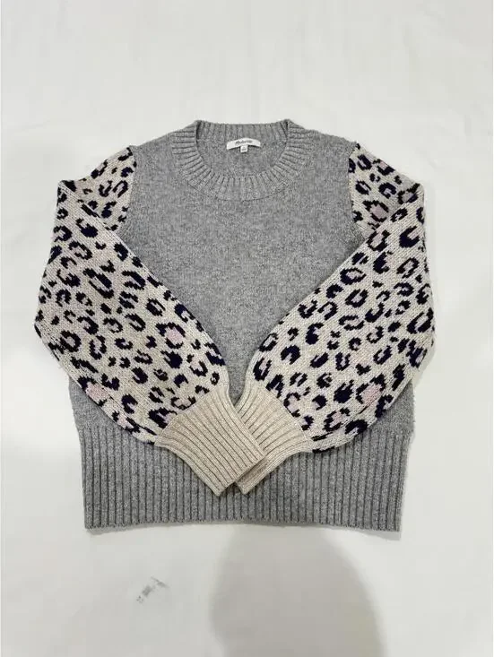 Madewell Gray Tensley Leopard Print Balloon Sleeve Pullover Sweater- Size Small - Picture 3 of 9